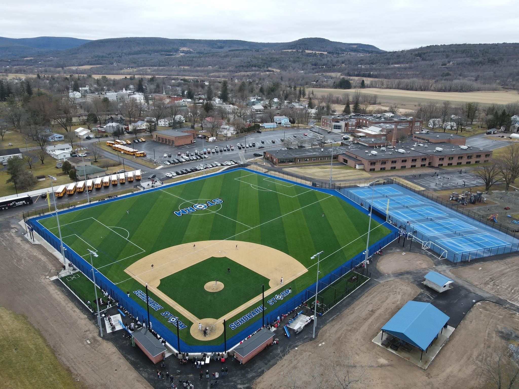 Aerial view of an athletic field 