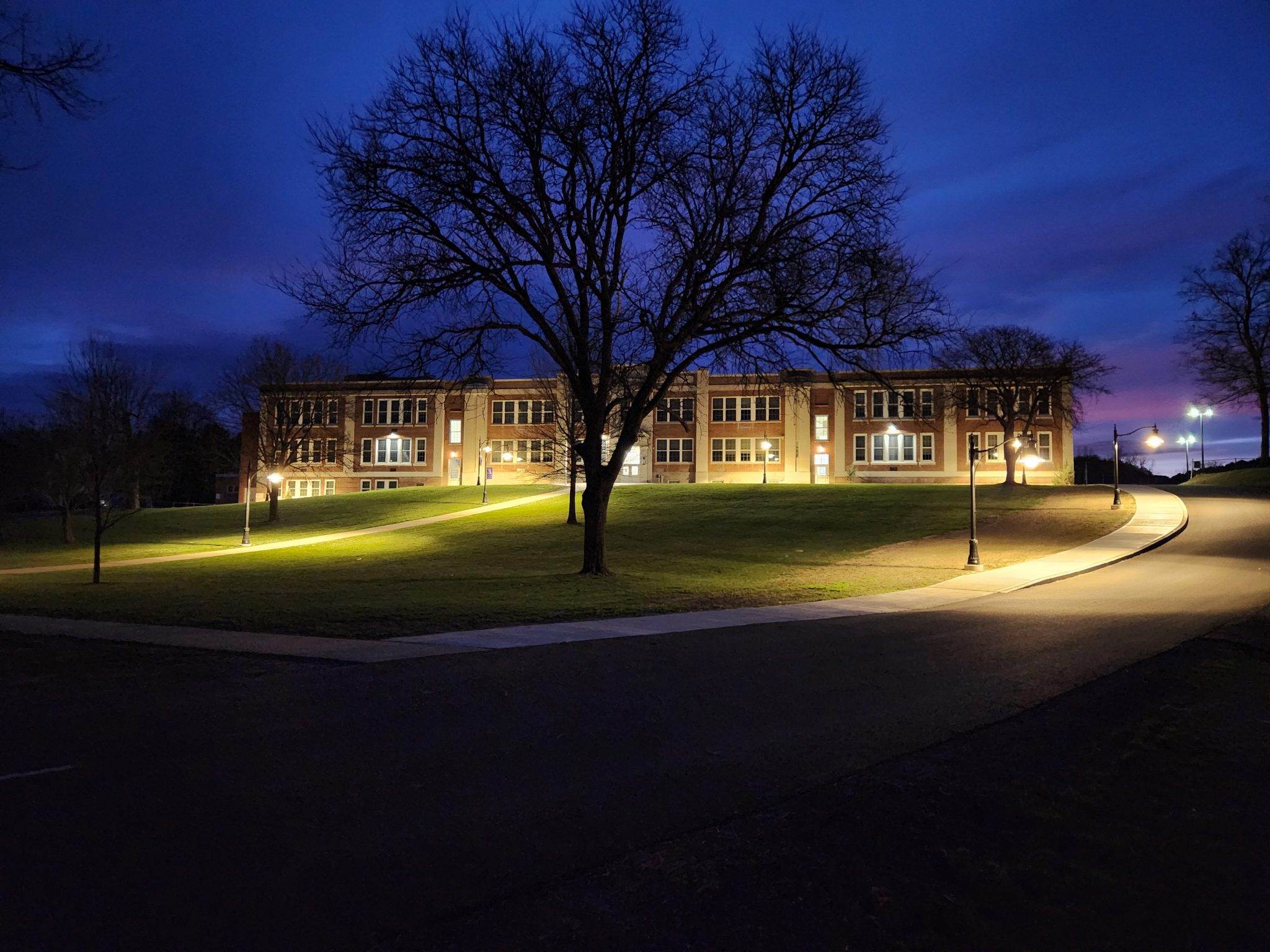 The school is seen at night