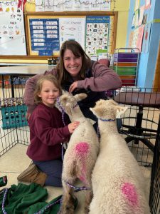 an adult and a child handle two lambs